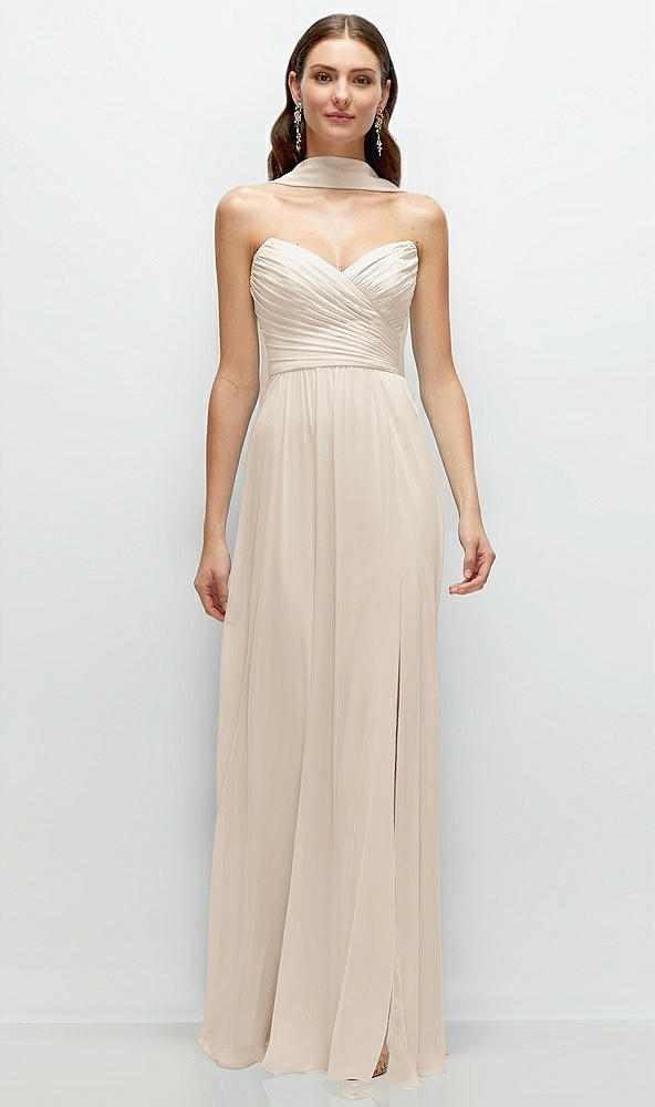 Front View - Oat Strapless Pleated Surplice Chiffon Maxi Dress with A-Line Skirt