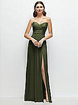 Alt View 1 Thumbnail - Olive Green Strapless Pleated Surplice Chiffon Maxi Dress with A-Line Skirt