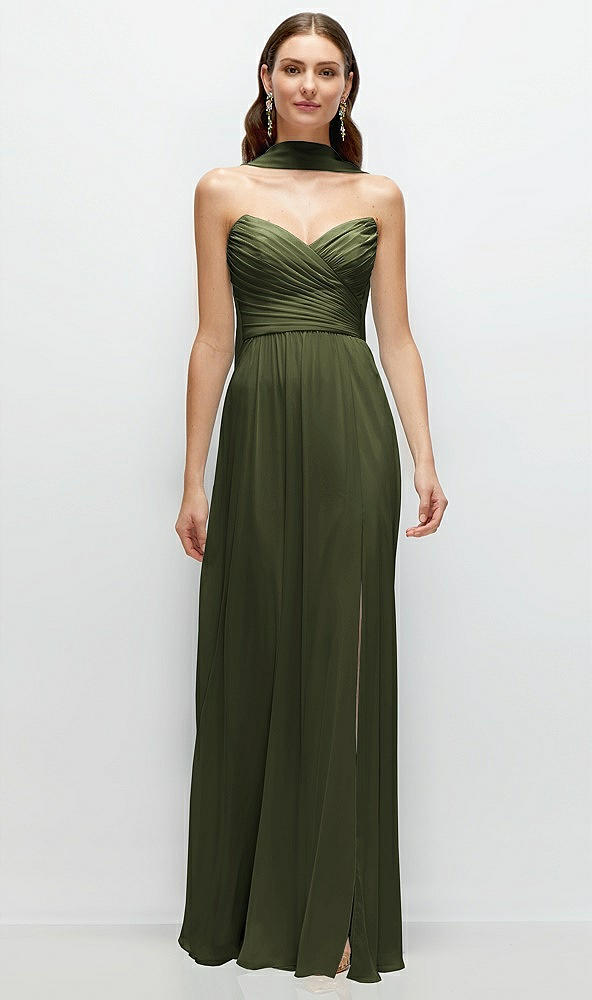 Front View - Olive Green Strapless Pleated Surplice Chiffon Maxi Dress with A-Line Skirt