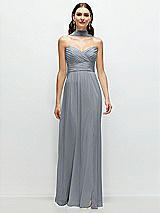 Front View Thumbnail - Platinum Strapless Pleated Surplice Chiffon Maxi Dress with A-Line Skirt