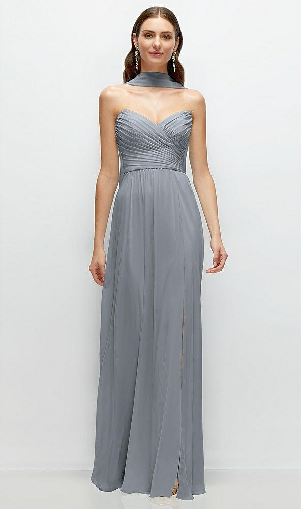 Front View - Platinum Strapless Pleated Surplice Chiffon Maxi Dress with A-Line Skirt