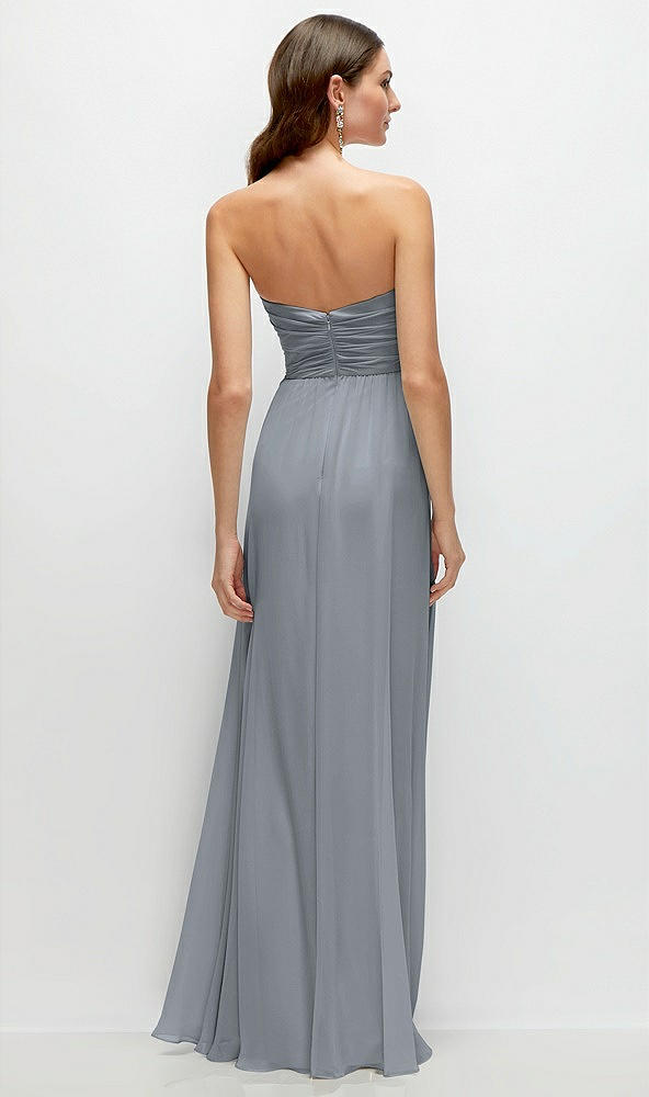 Back View - Platinum Strapless Pleated Surplice Chiffon Maxi Dress with A-Line Skirt