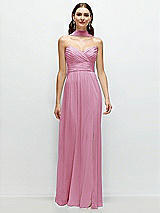 Front View Thumbnail - Powder Pink Strapless Pleated Surplice Chiffon Maxi Dress with A-Line Skirt