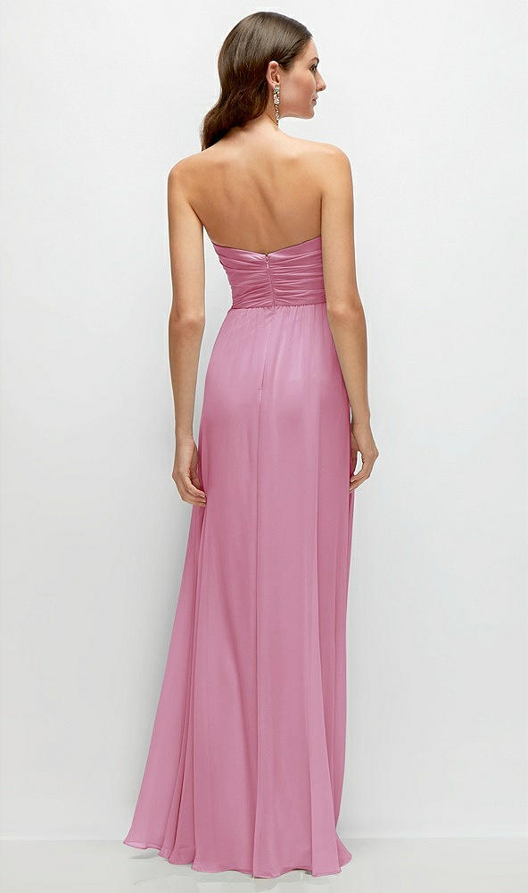 Back View - Powder Pink Strapless Pleated Surplice Chiffon Maxi Dress with A-Line Skirt