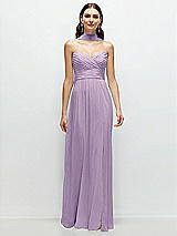 Front View Thumbnail - Pale Purple Strapless Pleated Surplice Chiffon Maxi Dress with A-Line Skirt