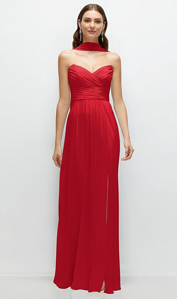 Front View - Parisian Red Strapless Pleated Surplice Chiffon Maxi Dress with A-Line Skirt