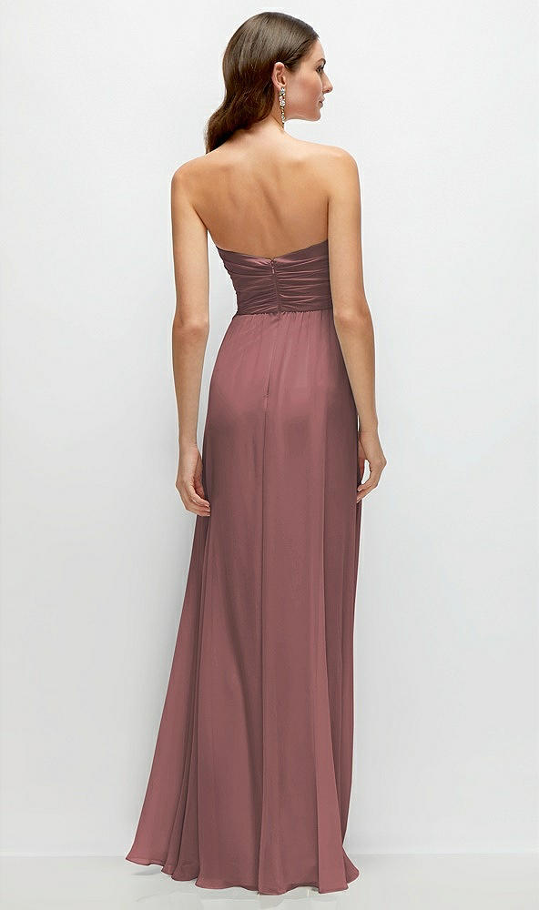 Back View - Rosewood Strapless Pleated Surplice Chiffon Maxi Dress with A-Line Skirt