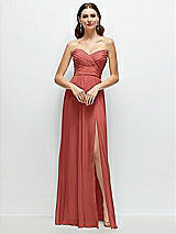 Alt View 1 Thumbnail - Coral Pink Strapless Pleated Surplice Chiffon Maxi Dress with A-Line Skirt