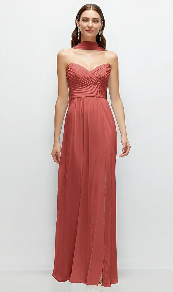 Front View - Coral Pink Strapless Pleated Surplice Chiffon Maxi Dress with A-Line Skirt