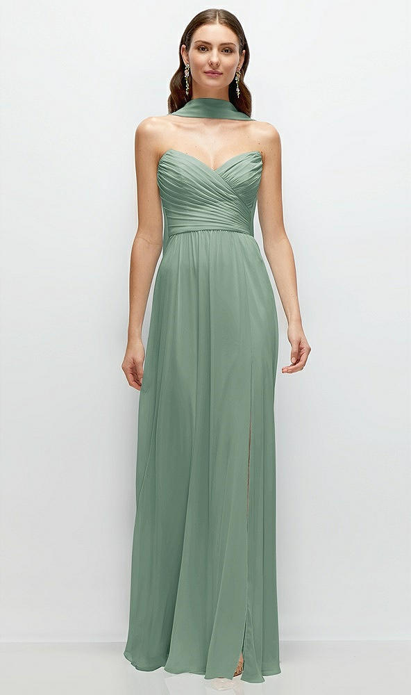 Front View - Seagrass Strapless Pleated Surplice Chiffon Maxi Dress with A-Line Skirt