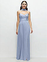 Front View Thumbnail - Sky Blue Strapless Pleated Surplice Chiffon Maxi Dress with A-Line Skirt