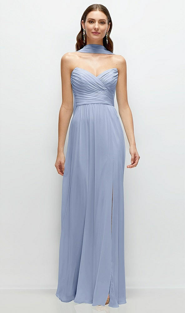 Front View - Sky Blue Strapless Pleated Surplice Chiffon Maxi Dress with A-Line Skirt