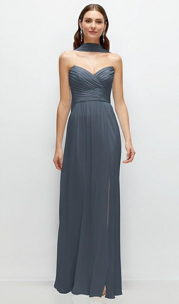 Front View - Silverstone Strapless Pleated Surplice Chiffon Maxi Dress with A-Line Skirt