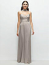 Front View Thumbnail - Taupe Strapless Pleated Surplice Chiffon Maxi Dress with A-Line Skirt