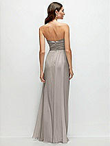 Rear View Thumbnail - Taupe Strapless Pleated Surplice Chiffon Maxi Dress with A-Line Skirt