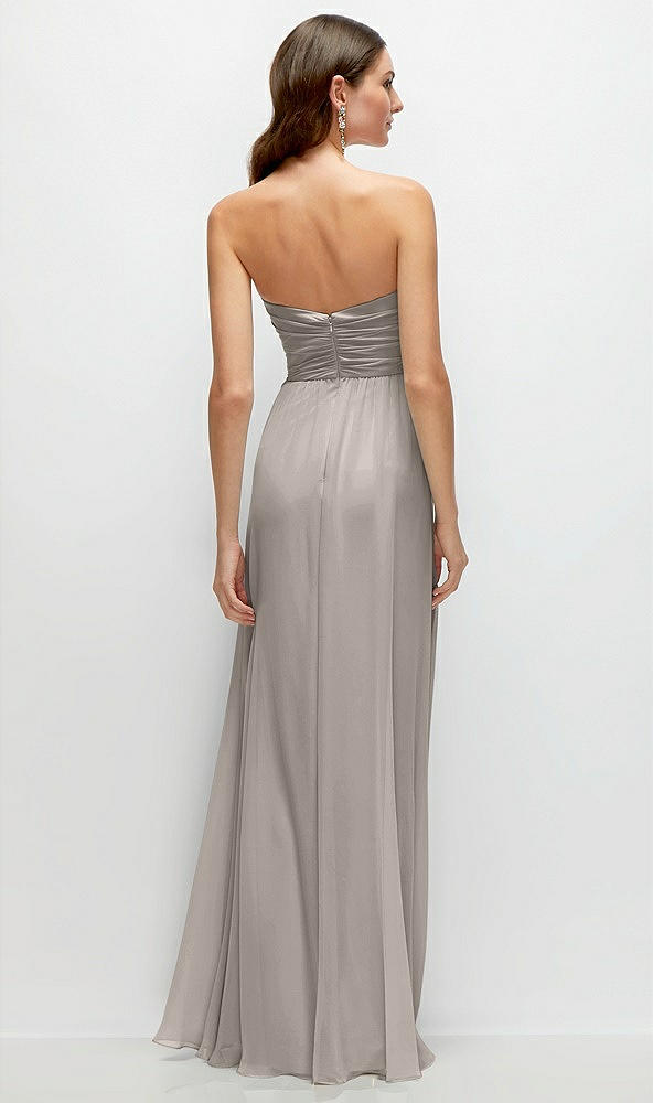 Back View - Taupe Strapless Pleated Surplice Chiffon Maxi Dress with A-Line Skirt