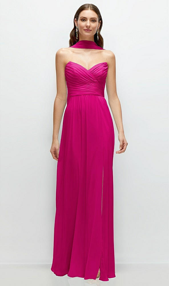 Front View - Think Pink Strapless Pleated Surplice Chiffon Maxi Dress with A-Line Skirt