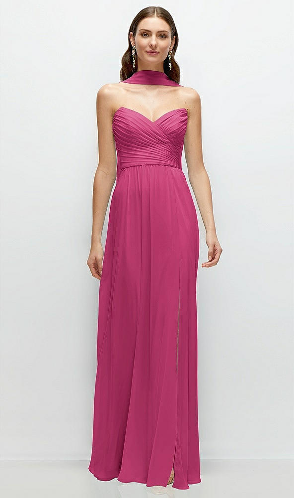 Front View - Tea Rose Strapless Pleated Surplice Chiffon Maxi Dress with A-Line Skirt