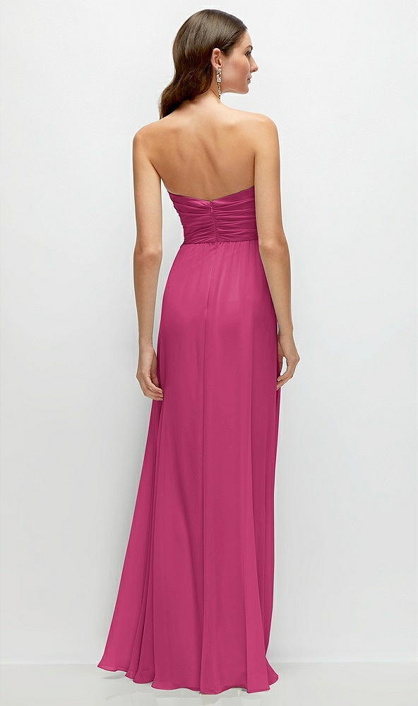 Back View - Tea Rose Strapless Pleated Surplice Chiffon Maxi Dress with A-Line Skirt