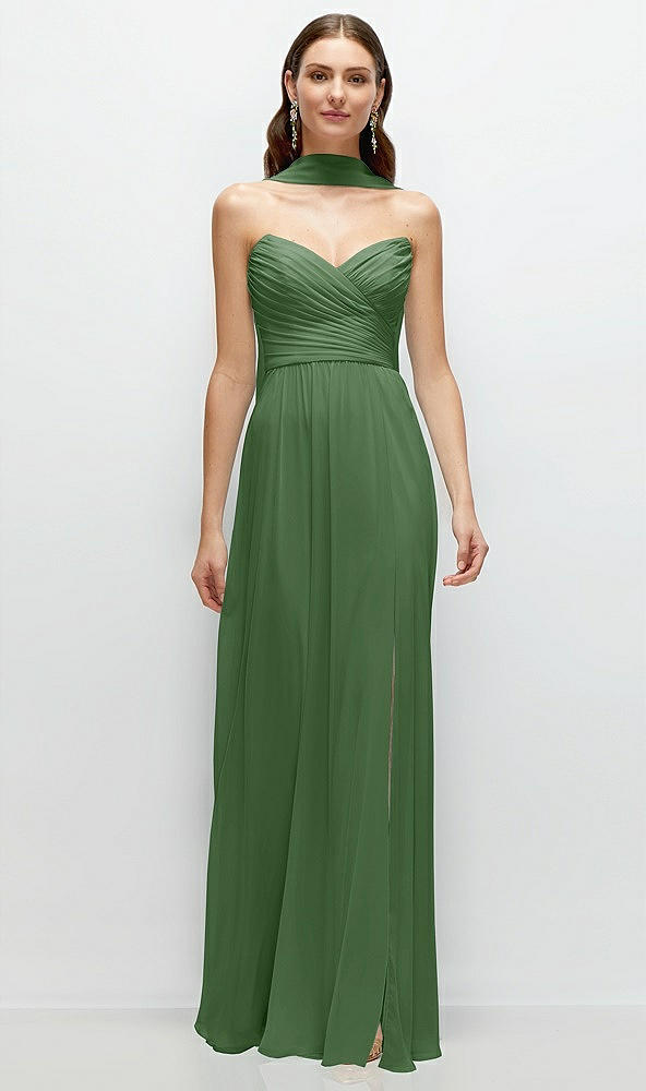 Front View - Vineyard Green Strapless Pleated Surplice Chiffon Maxi Dress with A-Line Skirt