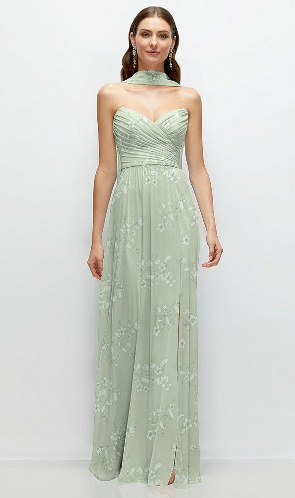 Front View - Vintage Primrose Sage Strapless Pleated Surplice Chiffon Maxi Dress with A-Line Skirt