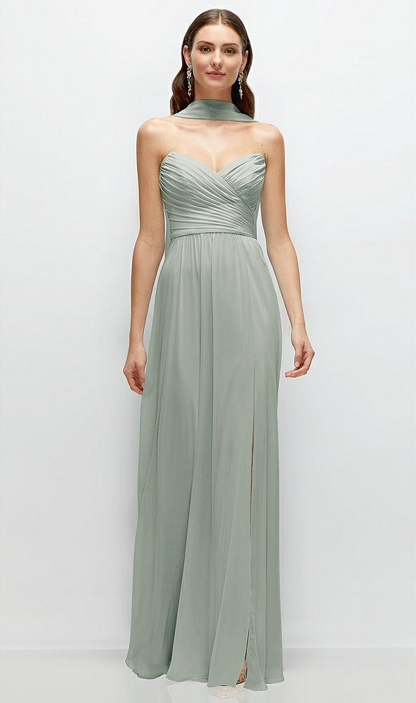 Front View - Willow Green Strapless Pleated Surplice Chiffon Maxi Dress with A-Line Skirt