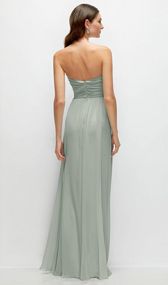 Back View - Willow Green Strapless Pleated Surplice Chiffon Maxi Dress with A-Line Skirt