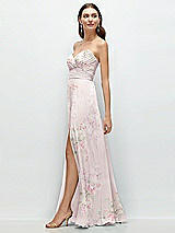 Side View Thumbnail - Watercolor Print Strapless Pleated Surplice Chiffon Maxi Dress with A-Line Skirt