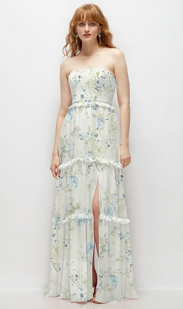 Front View - Bleu Garden Strapless Chiffon Maxi Dress with Tiered Micro Ruffle Full Skirt