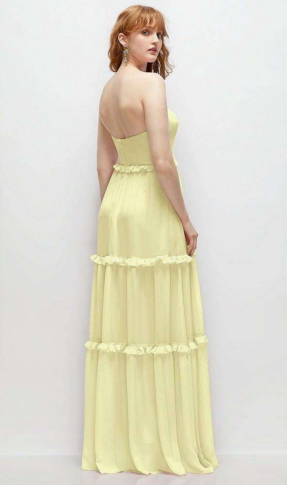 Back View - Butter Yellow Strapless Chiffon Maxi Dress with Tiered Micro Ruffle Full Skirt