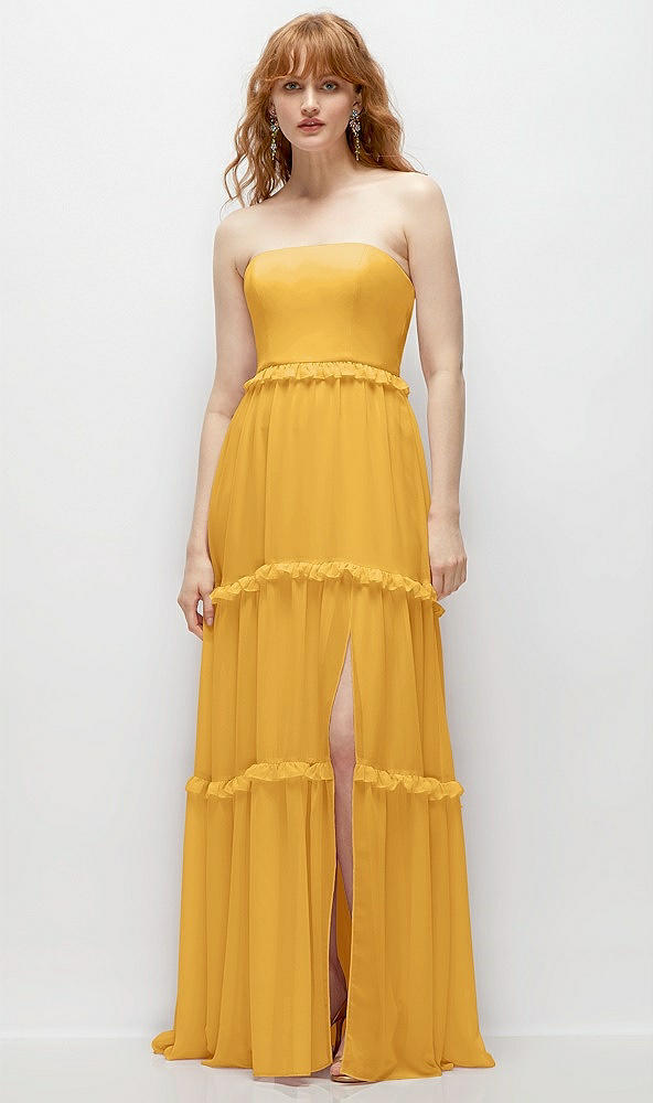 Front View - NYC Yellow Strapless Chiffon Maxi Dress with Tiered Micro Ruffle Full Skirt