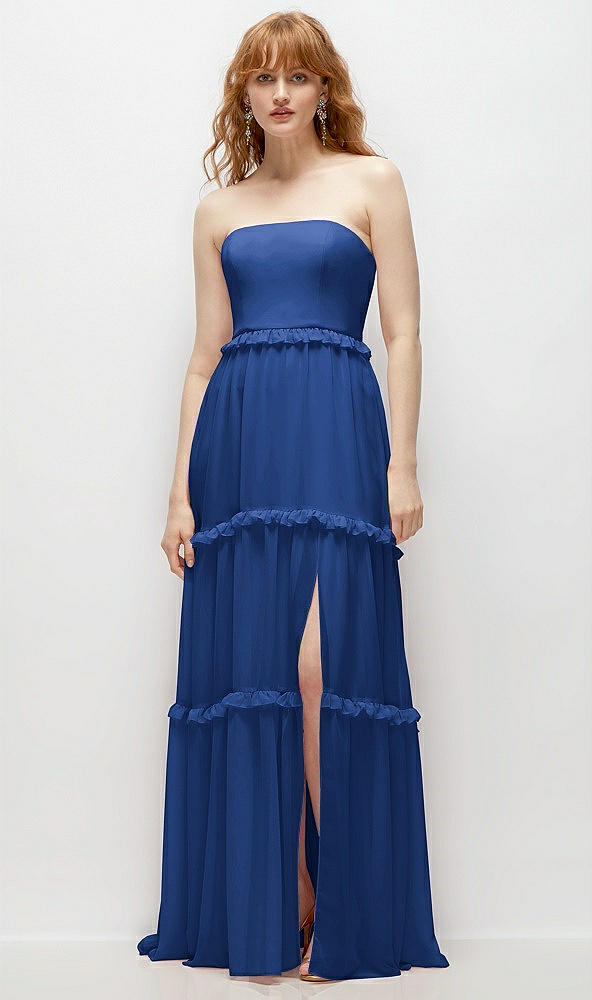 Front View - Classic Blue Strapless Chiffon Maxi Dress with Tiered Micro Ruffle Full Skirt