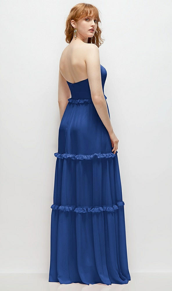 Back View - Classic Blue Strapless Chiffon Maxi Dress with Tiered Micro Ruffle Full Skirt