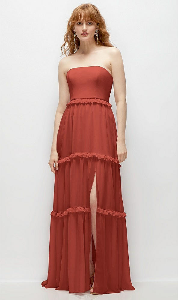 Front View - Amber Sunset Strapless Chiffon Maxi Dress with Tiered Micro Ruffle Full Skirt