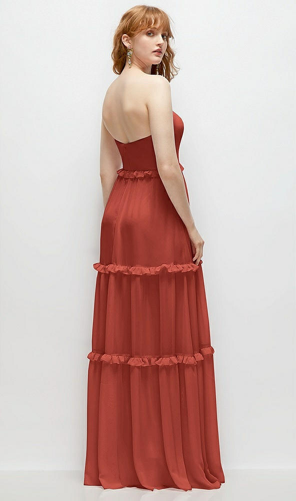 Back View - Amber Sunset Strapless Chiffon Maxi Dress with Tiered Micro Ruffle Full Skirt