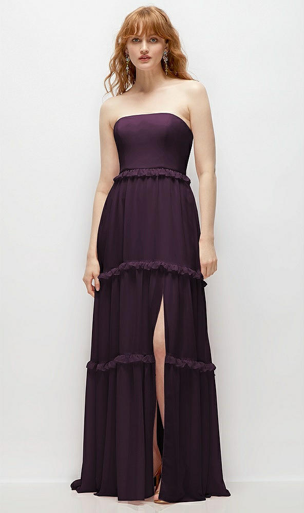 Front View - Aubergine Strapless Chiffon Maxi Dress with Tiered Micro Ruffle Full Skirt