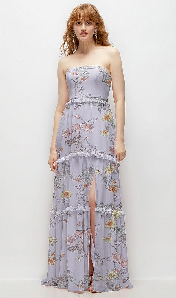 Front View - Butterfly Botanica Silver Dove Strapless Chiffon Maxi Dress with Tiered Micro Ruffle Full Skirt