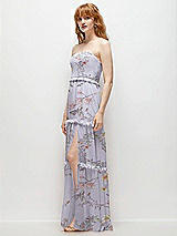 Side View Thumbnail - Butterfly Botanica Silver Dove Strapless Chiffon Maxi Dress with Tiered Micro Ruffle Full Skirt