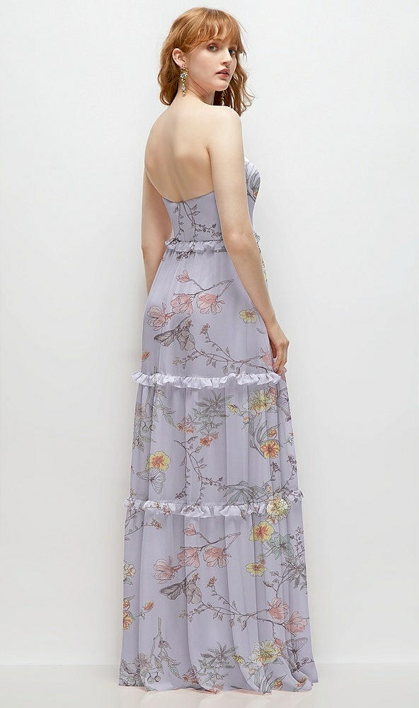 Back View - Butterfly Botanica Silver Dove Strapless Chiffon Maxi Dress with Tiered Micro Ruffle Full Skirt