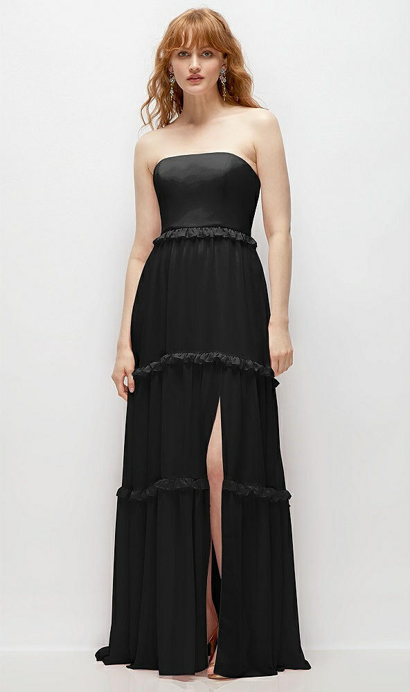 Front View - Black Strapless Chiffon Maxi Dress with Tiered Micro Ruffle Full Skirt