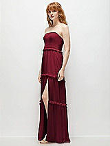 Side View Thumbnail - Burgundy Strapless Chiffon Maxi Dress with Tiered Micro Ruffle Full Skirt