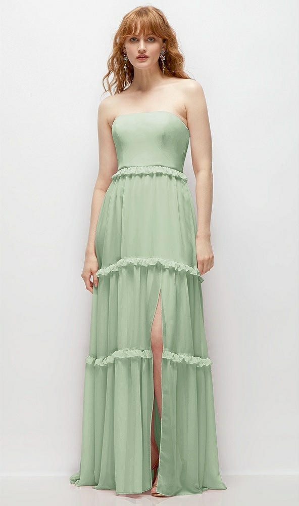 Front View - Celadon Strapless Chiffon Maxi Dress with Tiered Micro Ruffle Full Skirt