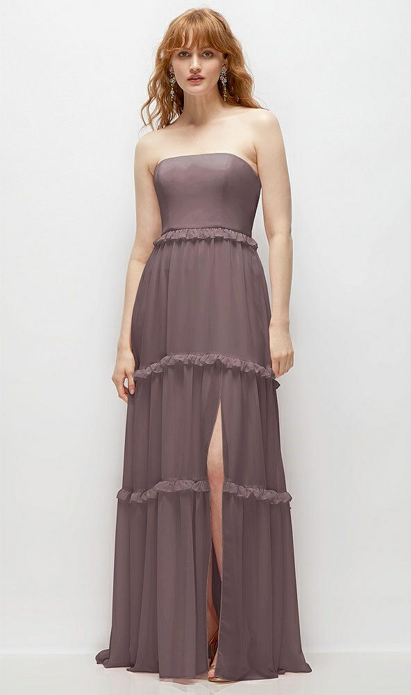 Front View - French Truffle Strapless Chiffon Maxi Dress with Tiered Micro Ruffle Full Skirt