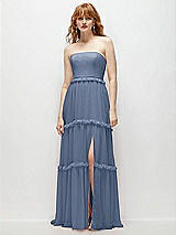 Front View Thumbnail - Larkspur Blue Strapless Chiffon Maxi Dress with Tiered Micro Ruffle Full Skirt