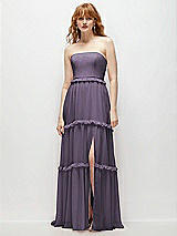 Front View Thumbnail - Lavender Strapless Chiffon Maxi Dress with Tiered Micro Ruffle Full Skirt