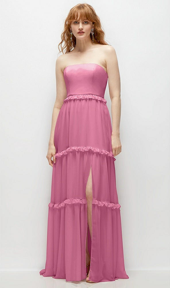 Front View - Orchid Pink Strapless Chiffon Maxi Dress with Tiered Micro Ruffle Full Skirt