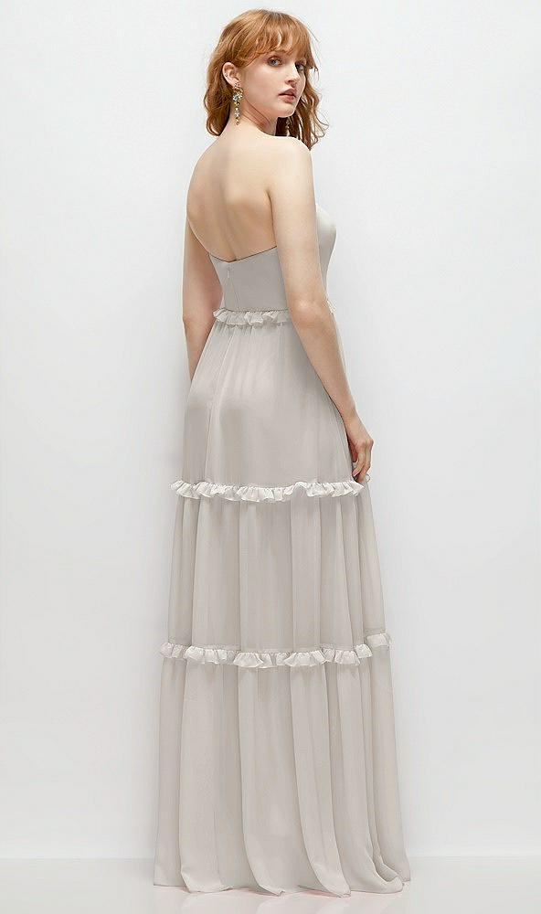 Back View - Oyster Strapless Chiffon Maxi Dress with Tiered Micro Ruffle Full Skirt