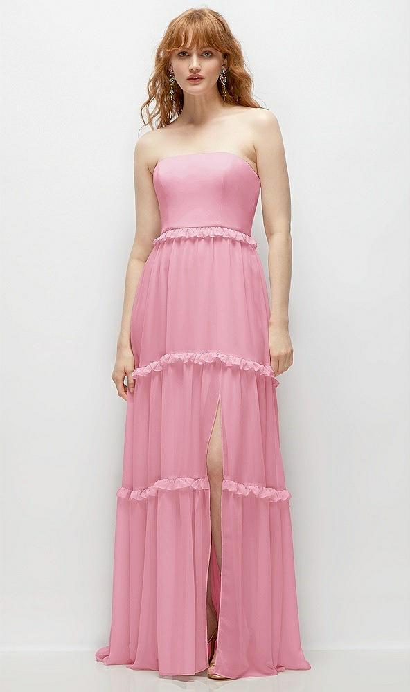 Front View - Peony Pink Strapless Chiffon Maxi Dress with Tiered Micro Ruffle Full Skirt