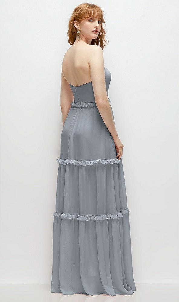 Back View - Platinum Strapless Chiffon Maxi Dress with Tiered Micro Ruffle Full Skirt