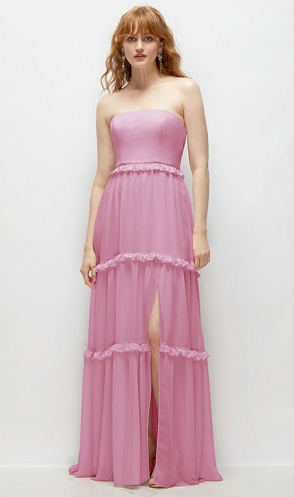 Front View - Powder Pink Strapless Chiffon Maxi Dress with Tiered Micro Ruffle Full Skirt